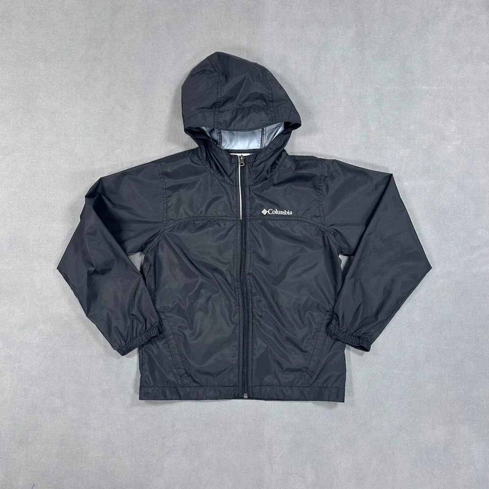 Columbia Boy's Glennaker Rain Jacket Size Small 8 Black Lightweight Hooded Zip